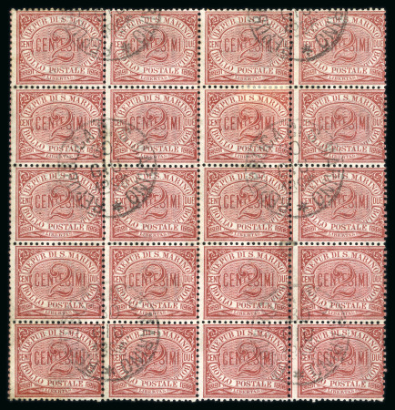 Stamp of Italy » San Marino 1894, Sassone n° 26, nice twenty used block stamps