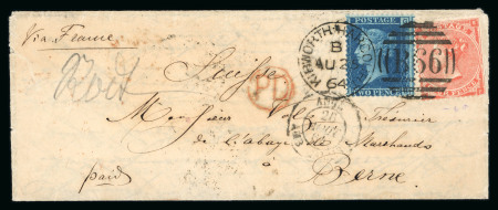 Stamp of Great Britain » 1855-1900 Surface Printed » 1862-64 Small Uncoloured Corner Letters 1864 complete envelope sent from Kibworth Harcourt to Bern
