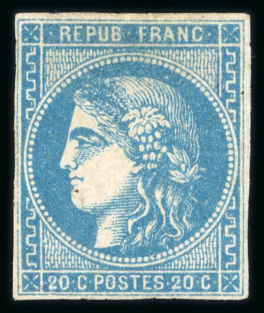Stamp of France » Emission de Bordeaux 1870 1870, Cérès Bordeaux Y&T n°46B, 20c bleu, neuf *, marges