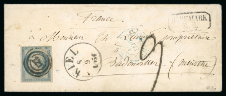 Stamp of German States » Schleswig-Holstein 1854 (Sep 8) envelope posted during the Crimean War and sent from Kiel to France, franked with French Empire 20c blue imperf.