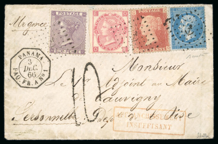 Stamp of Panama 1866 (Dec 3) envelope from Panama to France with an exceptional four-color mixed franking with French Empire and GB