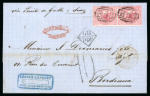 Stamp of Mauritius » 1860-72 De La Rue Issues (SG 46-72) 1866 (Sep 6) wrapper to France with 1863-72 4d vert. pair, underpaid with "ISNNUFICIENTLY / PREPAID" oval hs and Anglo-French +GB / 1F66c"