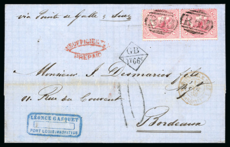 Stamp of Mauritius » 1860-72 De La Rue Issues (SG 46-72) 1866 (Sep 6) wrapper to France with 1863-72 4d vert. pair, underpaid with "ISNNUFICIENTLY / PREPAID" oval hs and Anglo-French +GB / 1F66c"