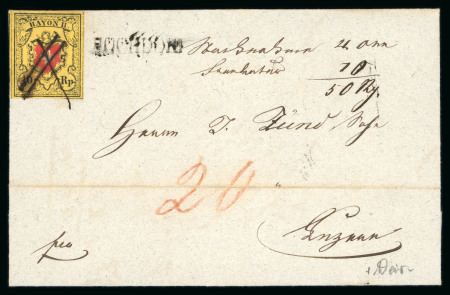 Stamp of Switzerland / Schweiz » Rayonmarken » Rayon II, gelb, ohne Kreuzeinfassung (STEIN A 3) 1850, Rayon II, Type 10, Stein A3-RU, auf Brief