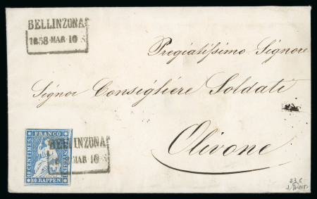 Stamp of Switzerland / Schweiz » Sitzende Helvetia Ungezähnt » 1856-57 Berner Druck (II) 1858, 10 Rp. blau, 3. Berner Druckperiode, auf Brief