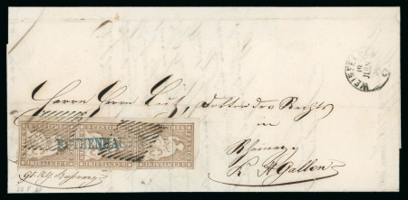 Stamp of Switzerland / Schweiz » Sitzende Helvetia Ungezähnt » Dünnes Papier 1856, 5 Rp. braun im senkrechten Dreierstreifen auf Faltbrief