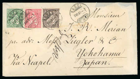 Stamp of Switzerland / Schweiz » Sitzende Helvetia Gezaehnt » Destinationen 1881, 5 Rp. braun, 10 Rp. rot und 25 Rp. grün, Brief von Basel nach Yokohama