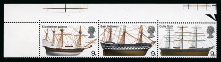 Stamp of Great Britain » Queen Elizabeth II 1969 Ships 9d mint n.h. se-tenant strip of three with the first stamp showing error red, blue and phosphor omitted