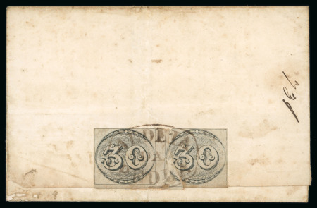 Stamp of Brazil » 1843 Bull's Eyes Aldeia Da Pedro: 1843 Bull's Eyes 30r outer letter sheet used horiz pair 30r