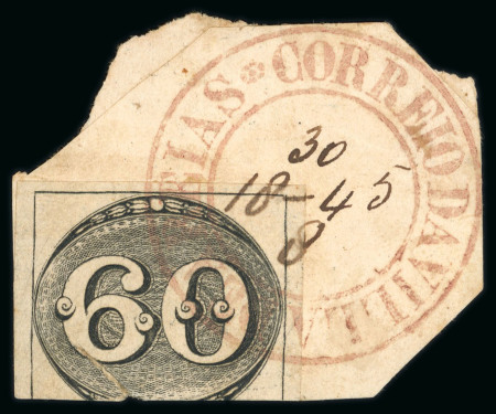 Stamp of Brazil » 1843 Bull's Eyes Areias (SP): 1843 Bull's Eyes 60r on piece Villa De Areias ds manuscript date