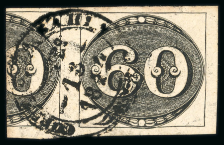 Stamp of Brazil » 1843 Bull's Eyes Bahia: 1843 Bull's Eyes 60r early impression part pair full double ring cancel