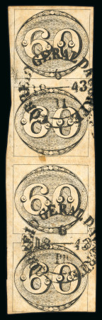 Stamp of Brazil » 1843 Bull's Eyes 1843 Bull's Eyes 60r worn impression vertical strip of four used