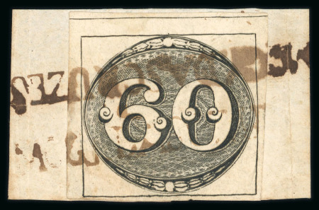 Stamp of Brazil » 1843 Bull's Eyes Mogy Das Cruzes: 1843 Bull's Eyes 60r black four margins on piece, two strikes