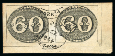 Stamp of Brazil » 1843 Bull's Eyes Pernambuco: 1843 Bull's Eyes 60r corner marginal pair full shield cancel
