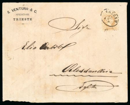 Stamp of Egypt » Austrian Post Offices 1867 3kr. light brown, neatly tied by small oval TRIESTE/13.8 ds on printed envelope from 'S.VENTURA & C./SPEDITORI/TRIESTE' and addressed to Alexandria, Egypte, showing Austrian Office ALEXANDRIEN/14/8 arrival bs, cvr f