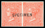 Stamp of Great Britain » 1855-1900 Surface Printed » 1865-67 Large Uncoloured Corner Letters, Wmk Large Garter & Emblems 1870 4d Vermilion pl.12 PI-PJ imperforate pair overprinted "SPECIMEN" type 6, mint o.g.