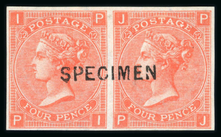 Stamp of Great Britain » 1855-1900 Surface Printed » 1865-67 Large Uncoloured Corner Letters, Wmk Large Garter & Emblems 1870 4d Vermilion pl.12 PI-PJ imperforate pair overprinted "SPECIMEN" type 6, mint o.g.