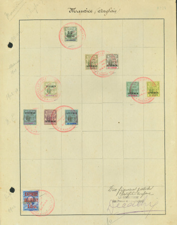 Stamp of Mauritius » 1900-05 Arms Issue (SG 138-155) 1900-05 range of values 2x4c., 5c., 8c., 12c., 25c., 50c. along with 1902 12c. on 8c. and 1903 Express 15c., each overprinted SPECIMEN and affixed to Madagascar UPU receiving authority ledger pages