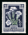 Stamp of Austria » 2nd. Republic 1948, Blumen 1S+50gr Enzian mit FEHLER: fehlender hellblauer Druck
