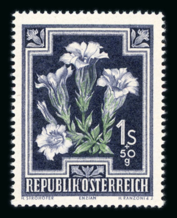 Stamp of Austria » 2nd. Republic 1948, Blumen 1S+50gr Enzian mit FEHLER: fehlender hellblauer Druck