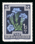 Stamp of Austria » 2nd. Republic 1948, Blumen 1S+50gr Enzian mit FEHLER: fehlender hellblauer Druck