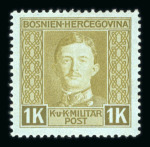 Stamp of Bosnia and Herzegovina Austria Bosnia & Hercegovina 1918 UNISSUED 1Kr mint n.h., rare € 4000