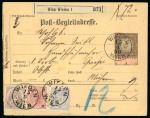 Stamp of Austria » 1883 Issue 1883-90, Inlandspaket Begleitkarte fkd 1883 50Kr bräunlich  lila + 10Kr + 1890 12Kr