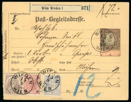 Stamp of Austria » 1883 Issue 1883-90, Inlandspaket Begleitkarte fkd 1883 50Kr bräunlich  lila + 10Kr + 1890 12Kr