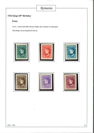 Stamp of Romania » Later Issues 1926 King Ferdinand's 60th Birthday in eight unadopted imperf essay sets
