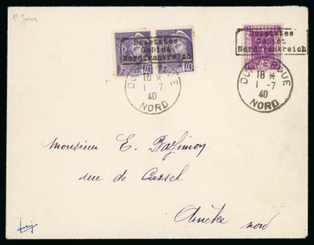 Stamp of France » Guerre 1940, Guerre Y&T n°2 au type Mercure en paire (413) + Génie n°322, tous avec surcharge à la main de Dunkerque + cachet du 1er Juillet 1940 sur lettre