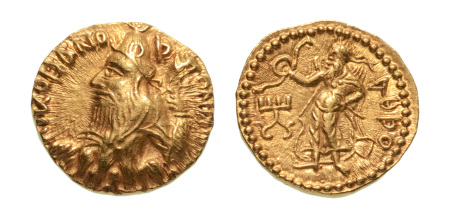 Stamp of Coins » Kushan Kushanas, Kanishka I, c. 127-152 AD, AV quarter dinar, 2.02 g. Athsho