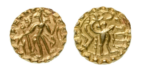 Stamp of Coins » Post-Gupta Post Gupta, Bengal, Samatata region, Khadga dynasty, Sri dharanarata (possibly), c. 675-700, AV dinar, 5.53 g.