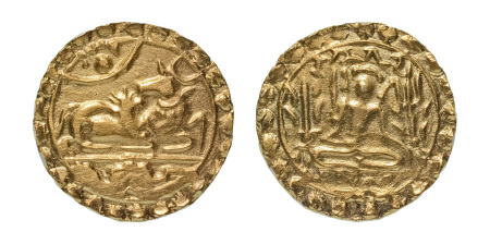 Stamp of Coins » Post-Gupta Post Gupta, Samatata Kingdom, Ratnattraya type, possibly of Khadga rulers, c. 700-800, AV, 5.57 g.