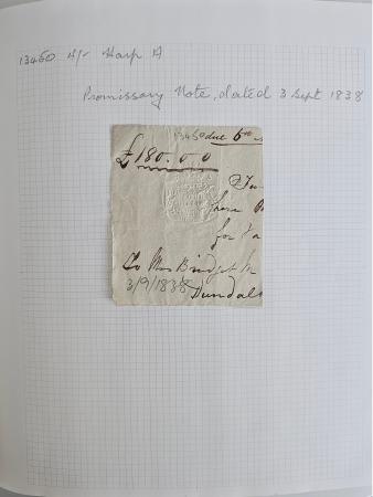 Stamp of Ireland » Revenues & Fiscals » Embossed Stamp Duty 1838-1919 Bill or Note: Old-time attractive group of thirty-eight documents and six fragments neatly mounted on pages and housed in album, showing embossed impressions without colour, in red and on blue paper, with value