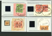 Stamp of Ireland » 1922-35 Overprint Collections 1922 Specialised assembly of mostly Skeleton and or rubber postmarks tying singles, multiples and combination frankings to fragments, plus three envelopes, showing a wide range of town markings in black & violet, some of