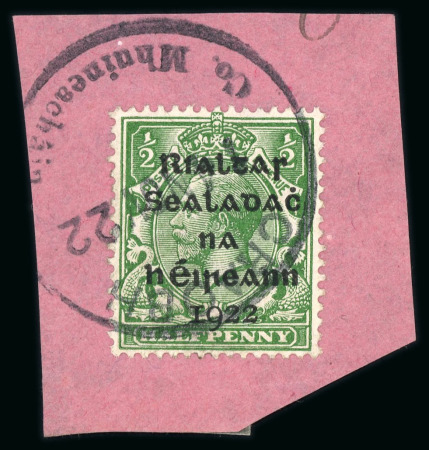 Stamp of Ireland » 1922-35 Overprint Collections 1922 Specialised assembly of mostly Skeleton and or rubber postmarks tying singles, multiples and combination frankings to fragments, plus three envelopes, showing a wide range of town markings in black & violet, some of