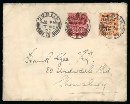 Stamp of Ireland » 1922 (Feb) Dollard Overprints (T1-T14) 1/2d green and Thom 1 1/2d red-brown, two singles, both tied by Hey-Dolphin machine first day cancel