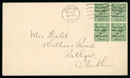 Stamp of Ireland » 1922 (Feb) Dollard Overprints (T1-T14) 1/2d green, block of four, tied by Hey-Dolphin machine