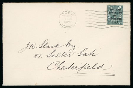 Stamp of Ireland » 1922 (Feb) Dollard Overprints (T1-T14) 4d grey-green, single, tied by machine first day cancels CORK/17.FEB.1922, on envelope sent to Chesterfield