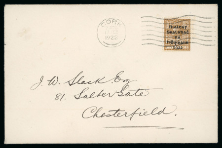 Stamp of Ireland » 1922 (Feb) Dollard Overprints (T1-T14) 5d yellow-brown, single, tied by machine first day cancel CORK/17.FEB.1922, on envelope sent to Chesterfield