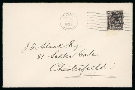 Stamp of Ireland » 1922 (Feb) Dollard Overprints (T1-T14) 9d agate, single, tied by machine first day cancel CORK/17.FEB.1922, on envelope sent to Chesterfield