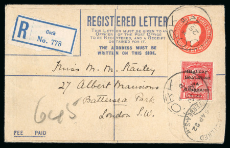 Stamp of Ireland » Political & Transitional Periods » British Postal Stationery - February 17, 1922 to July 23, 1924 1922 British GV 5d orange, two registered envelopes,