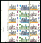 Stamp of Great Britain » Queen Elizabeth II 1969 Cathedrals 5d top left corner marginal block of 18, with the first column showing the missing "d" variety, mint n.h.