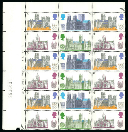Stamp of Great Britain » Queen Elizabeth II 1969 Cathedrals 5d top left corner marginal block of 18, with the first column showing the missing "d" variety, mint n.h.