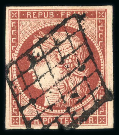 Stamp of France » Type Cérès de 1849-1850 1849, Cérès Y&T n°6B, 1fr carmin-brun, oblitéré grille,