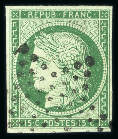 Stamp of France » Type Cérès de 1849-1850 1849, Cérès Y&T n°2, 15c vert foncé, proprement oblitéré
