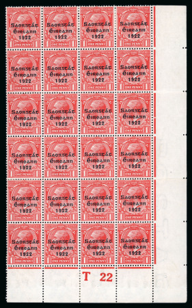Stamp of Ireland » 1922-23 Thom Three-Line Overprints (T47-T61) 1d scarlet, mint and mint nh bottom right corner control