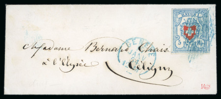 Stamp of Switzerland / Schweiz » Rayonmarken » Rayon I, hellblau, ohne KE (STEIN C2) 1854, Rayon I hellblau, Type 37, Stein C2-LO, auf Brief