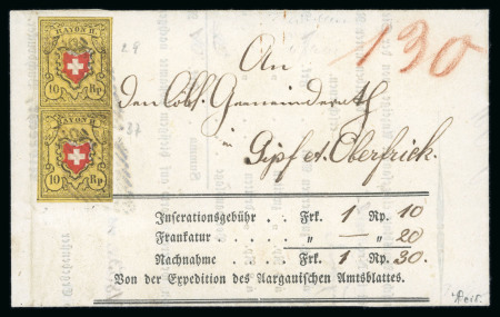 Stamp of Switzerland / Schweiz » Rayonmarken » Rayon II, gelb, ohne Kreuzeinfassung (STEIN B) 1853, Rayon II im senkrechten Paar, Typen 29 und 37, auf Nachnahme-Brief