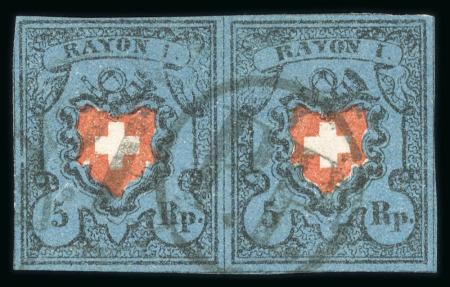 Stamp of Switzerland / Schweiz » Rayonmarken » Rayon I, dunkelblau ohne Kreuzeinfassung 1850, Rayon I dunkelblau im waagerechten Paar, Typen 26 und 27